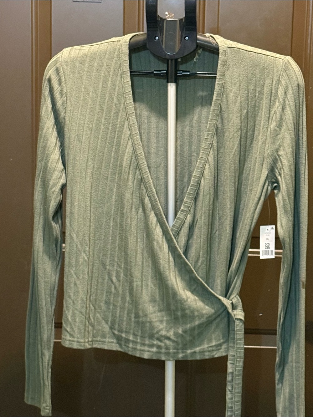 dip Olive Green Wrap Style  Ribbed Women's Top - Picture 2 of 14